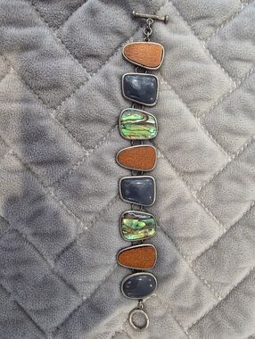 Women's Chunky Vintage Antiqued Silver Abalone & Wood Linked Chain 8" Bracelet